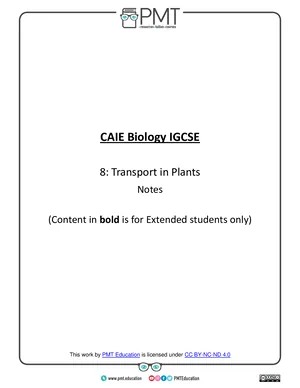 summary notes topic 8 transport in plants caie biology igcse