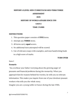 history of world affairs since 1789 a'level new curriculum mid term three assessment s. 5 mid term three 2025
