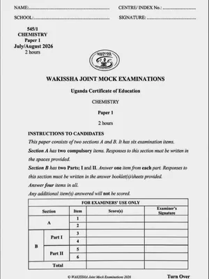wakissha s4 uce mocks 2026 chemistry paper 1