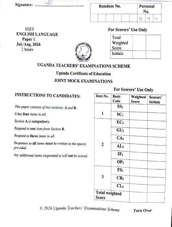 utes uce mocks 2026 s4 english paper 1