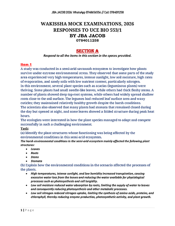 wakissha uce mocks 2026 biology paper 1 scoring guide with answers