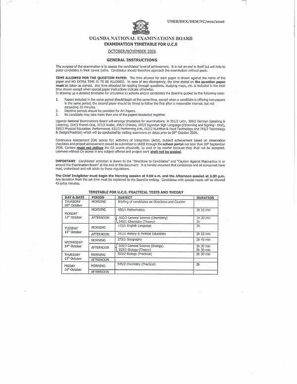 uneb uce timetable 2026