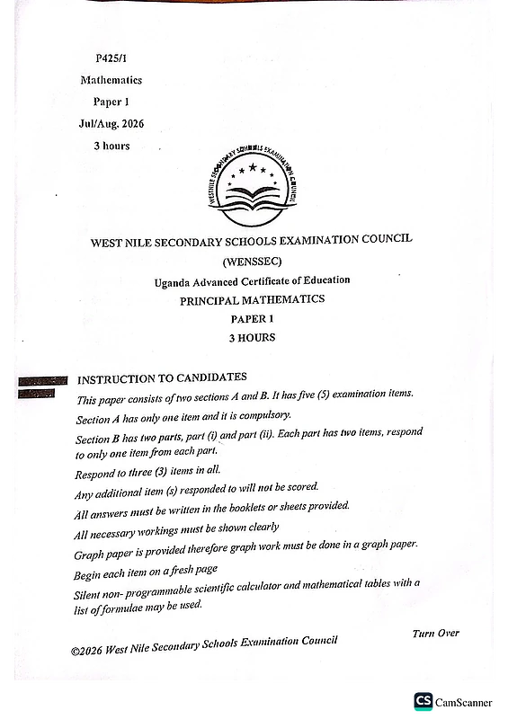 wenssec uace mocks 2026 maths paper 1